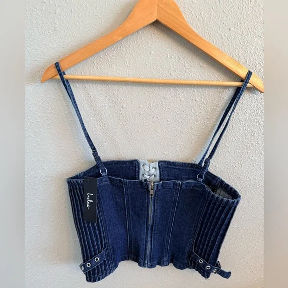 NWT Lulus Dark Wash Denim Cropped Cami Corset Medium - Picture 5 of 10